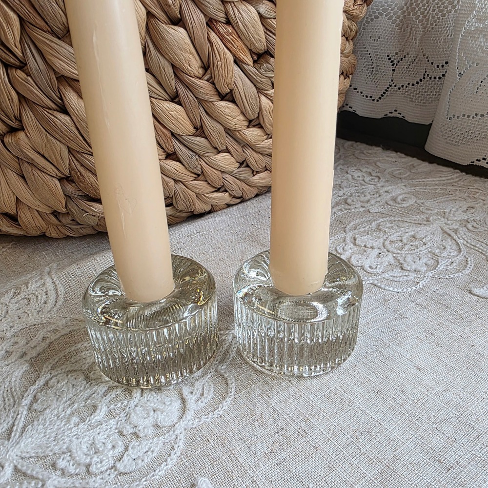 Taper Candle Holders Clear Ribbed Glass MCM Brutalist Set of 2 Minimalist‎